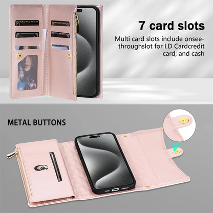 ELECTROPRIME For iPhone 15 Zipper Multi-Card Wallet Rhombic Leather Phone Case(Rose Gold)