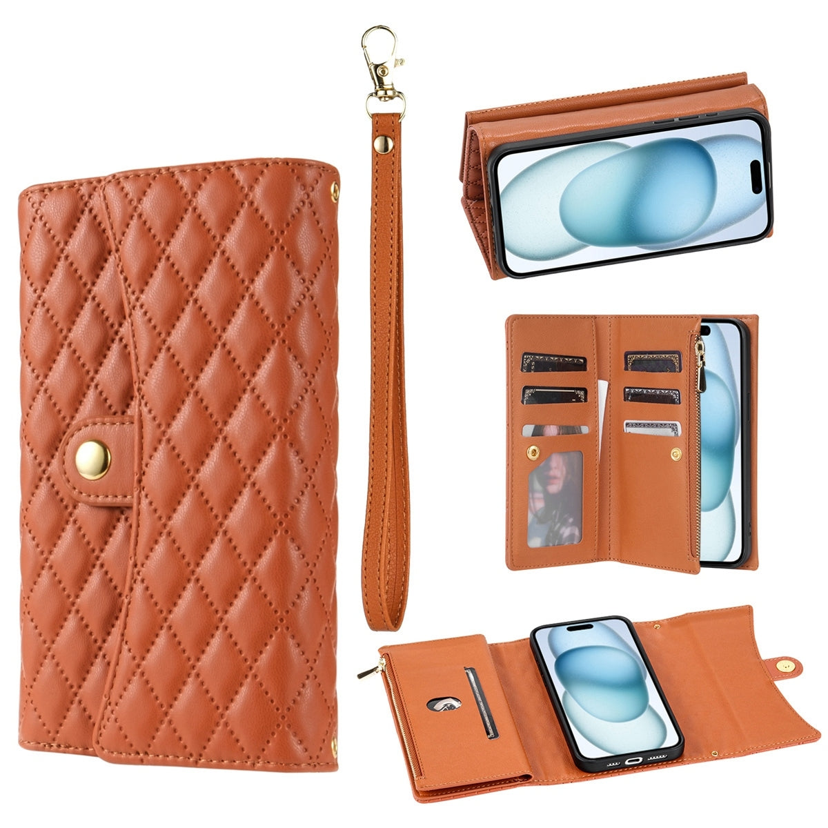 ELECTROPRIME For iPhone 15 Zipper Multi-Card Wallet Rhombic Leather Phone Case(Brown)