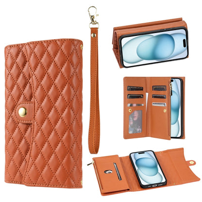 ELECTROPRIME For iPhone 15 Zipper Multi-Card Wallet Rhombic Leather Phone Case(Brown)