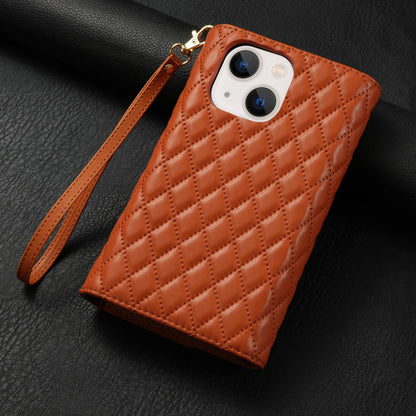 ELECTROPRIME For iPhone 15 Zipper Multi-Card Wallet Rhombic Leather Phone Case(Brown)