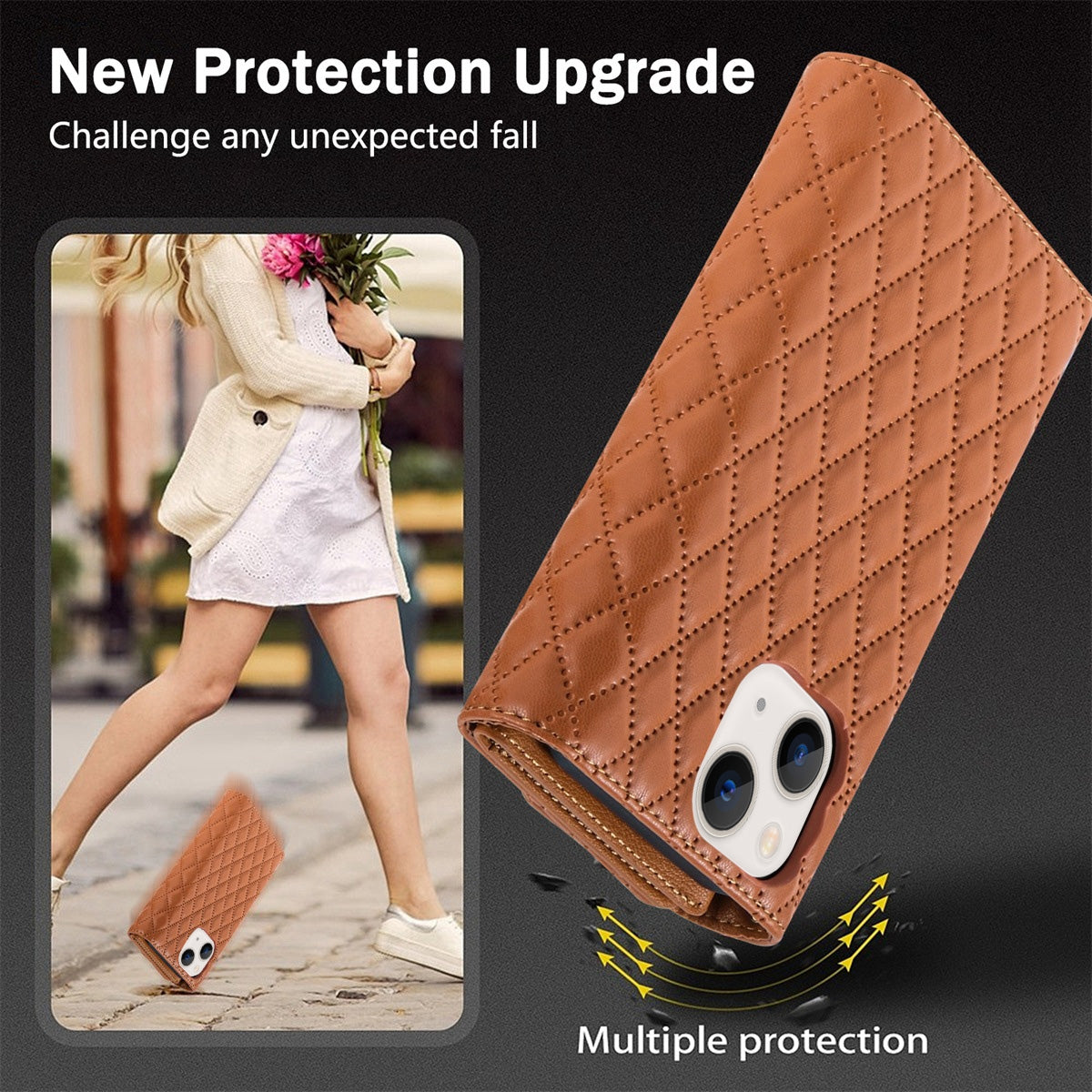 ELECTROPRIME For iPhone 15 Zipper Multi-Card Wallet Rhombic Leather Phone Case(Brown)