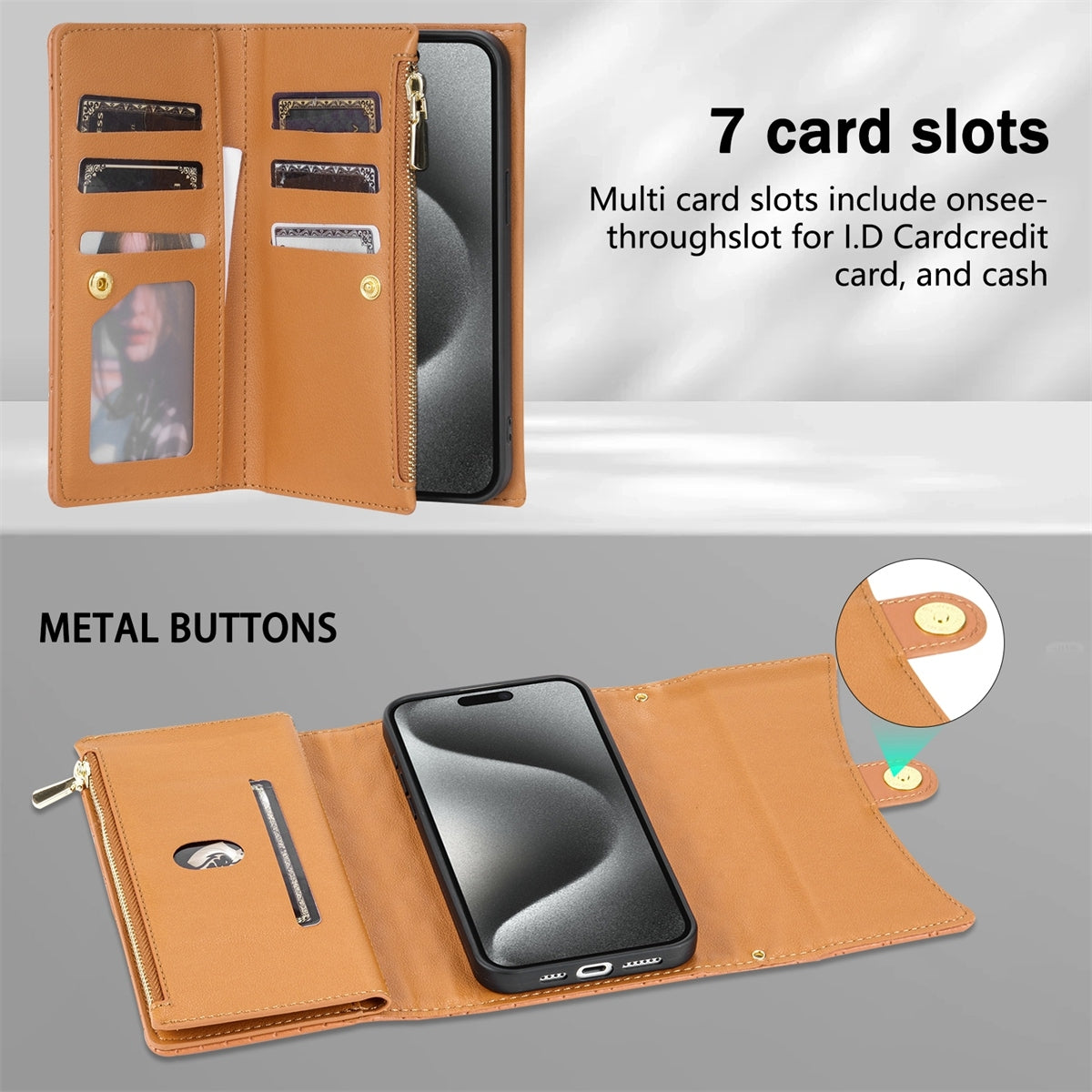ELECTROPRIME For iPhone 15 Zipper Multi-Card Wallet Rhombic Leather Phone Case(Brown)