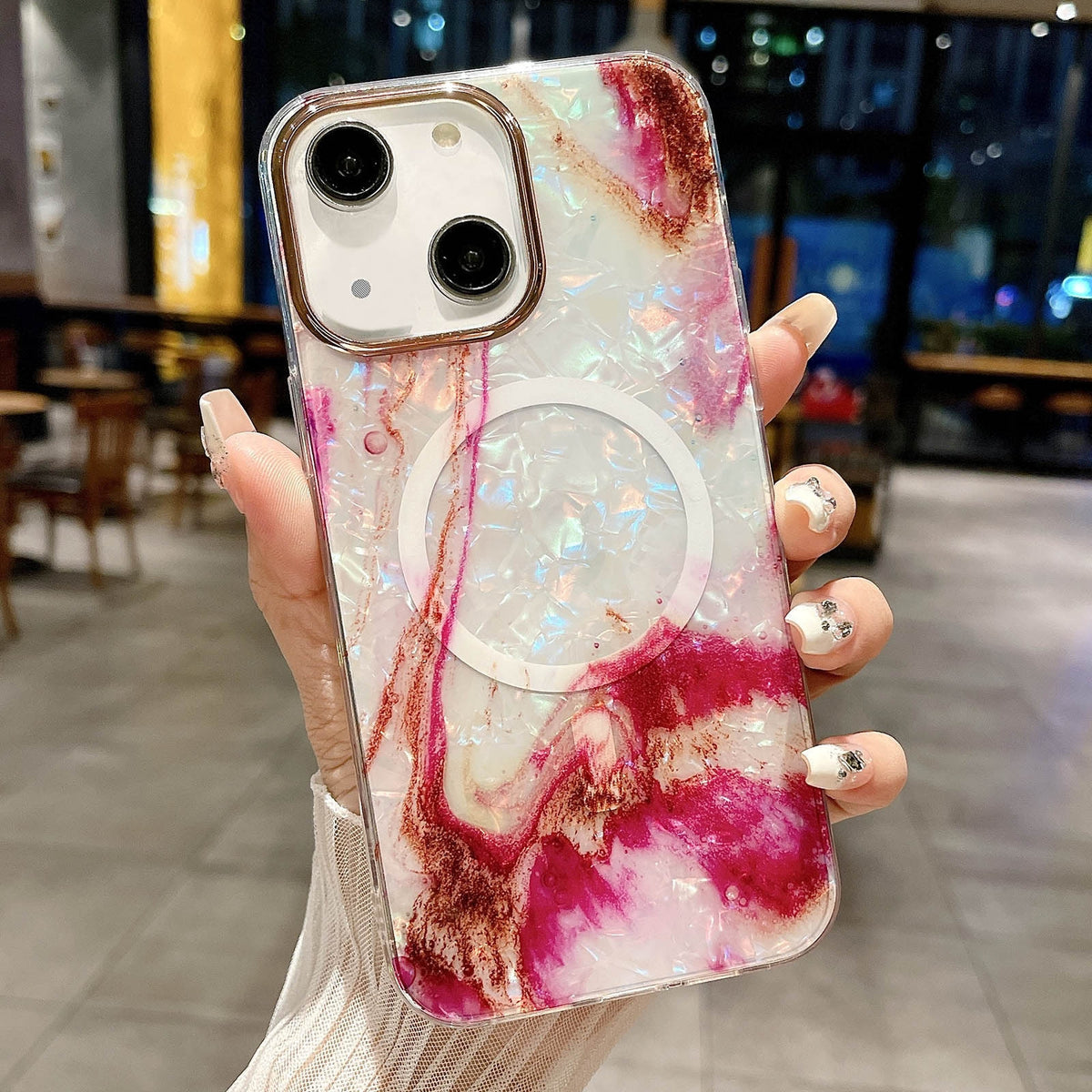 ELECTROPRIME For iPhone 15 IMD Marble Acrylic Hybrid TPU Plating MagSafe Phone Case(Rose Red)
