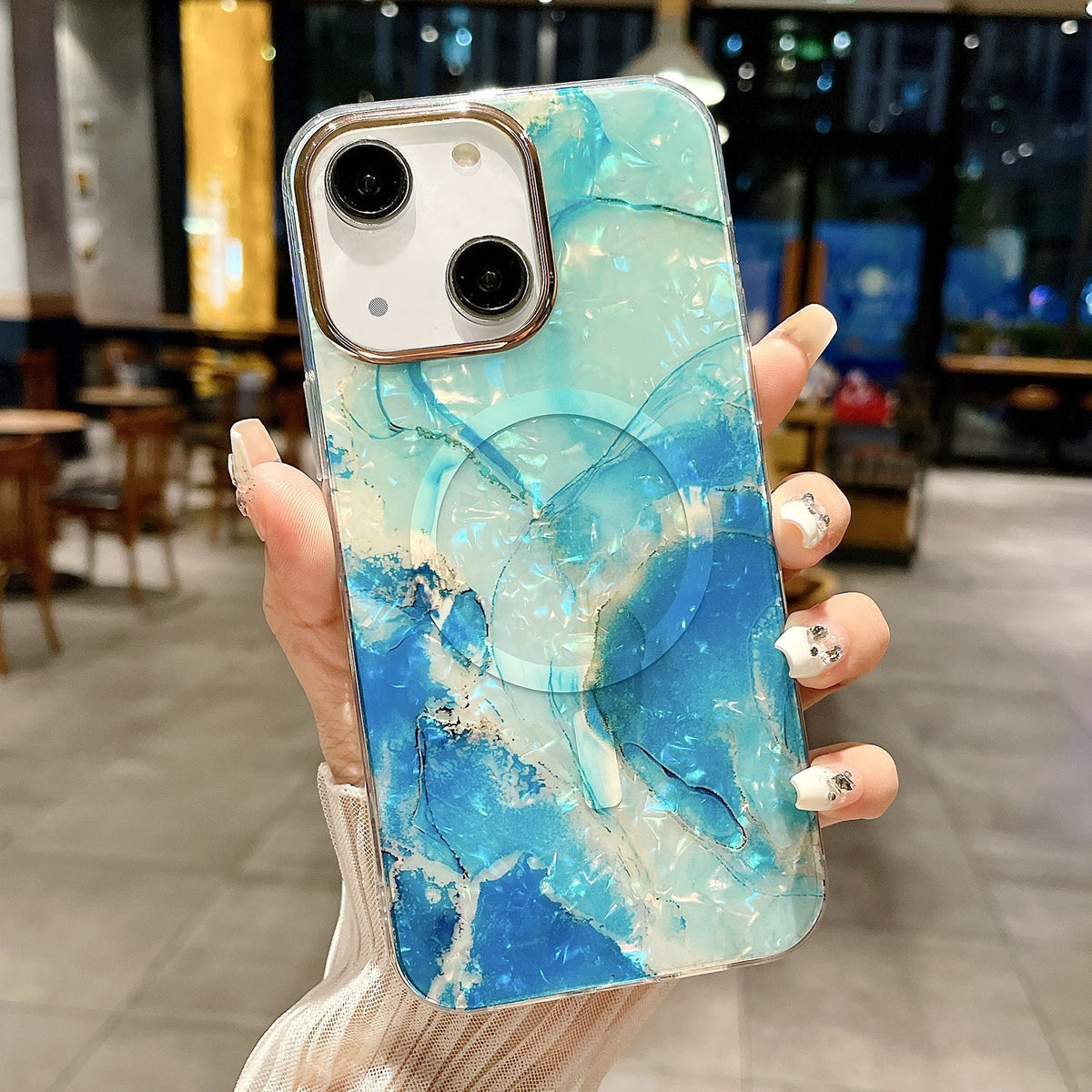 ELECTROPRIME For iPhone 15 IMD Marble Acrylic Hybrid TPU Plating MagSafe Phone Case(Green)