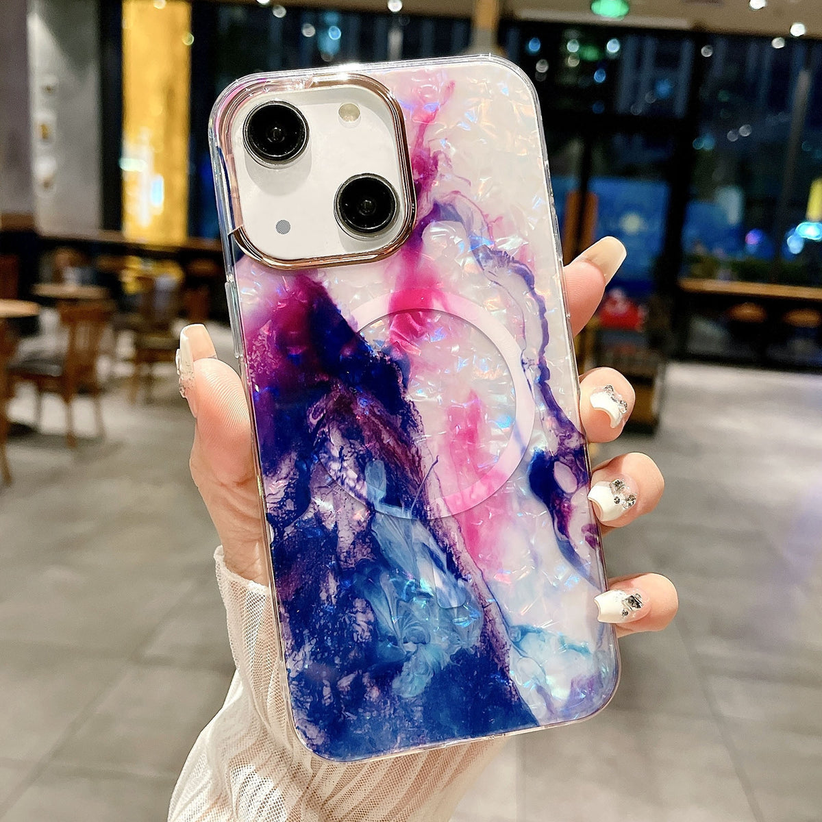 ELECTROPRIME For iPhone 15 IMD Marble Acrylic Hybrid TPU Plating MagSafe Phone Case(Purple)