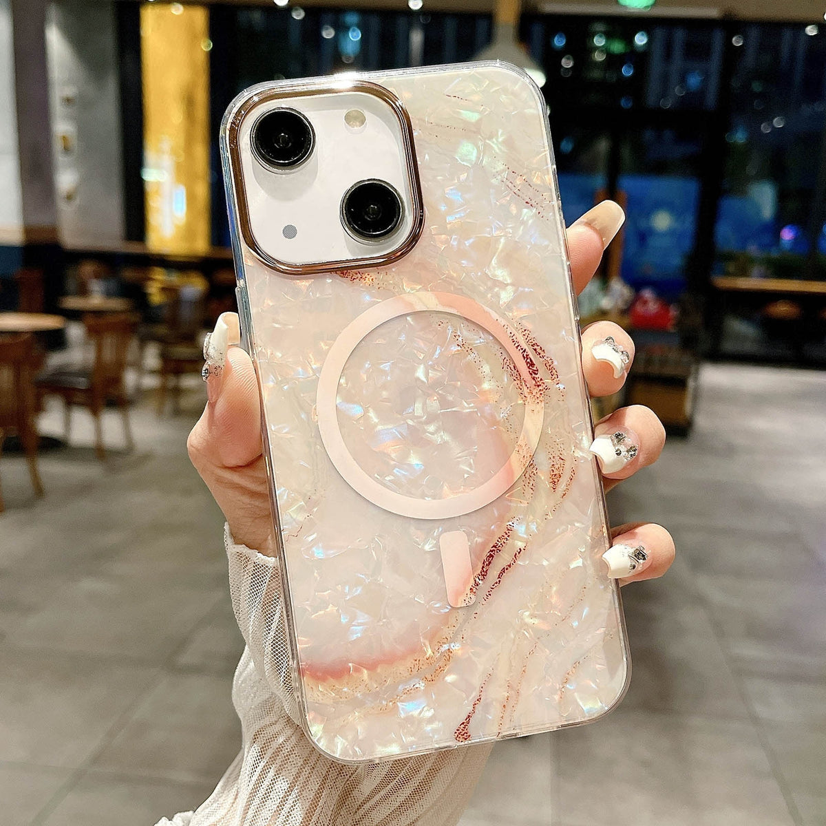ELECTROPRIME For iPhone 15 IMD Marble Acrylic Hybrid TPU Plating MagSafe Phone Case(Pink)