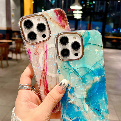 ELECTROPRIME For iPhone 15 IMD Marble Acrylic Hybrid TPU Plating MagSafe Phone Case(Rose Red)