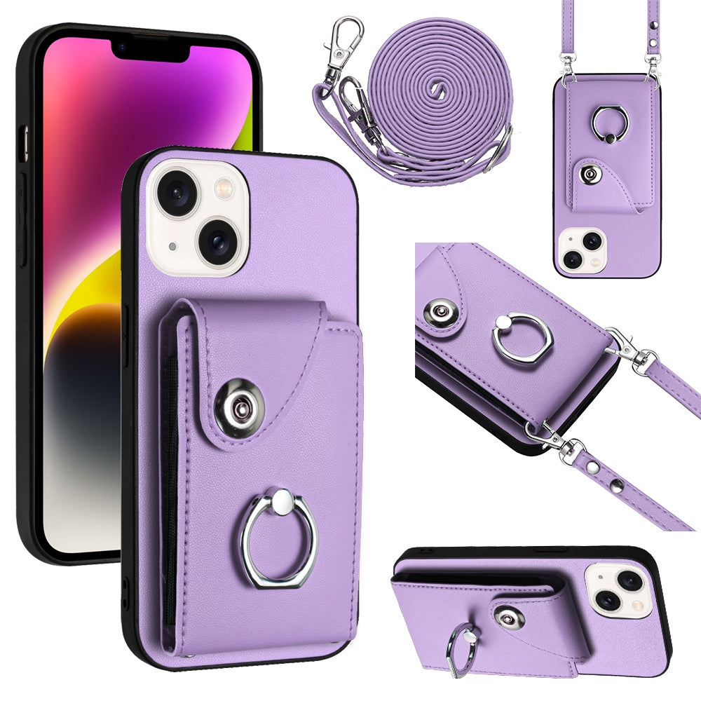 ELECTROPRIME For iPhone 15 Plus Organ Card Bag Ring Holder Phone Case with Long Lanyard(Purple)