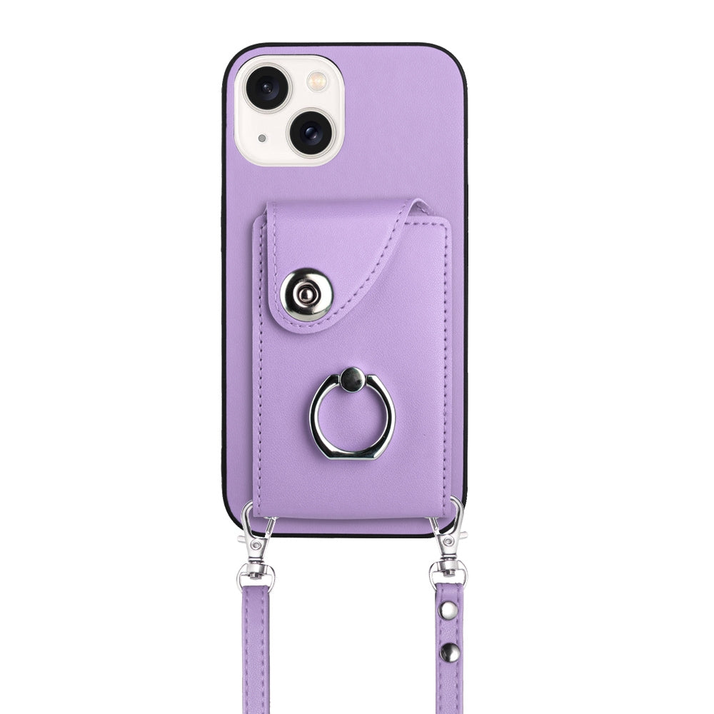 ELECTROPRIME For iPhone 15 Plus Organ Card Bag Ring Holder Phone Case with Long Lanyard(Purple)