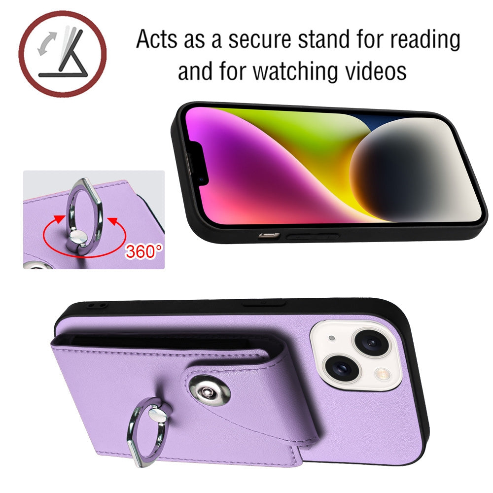 ELECTROPRIME For iPhone 15 Plus Organ Card Bag Ring Holder Phone Case with Long Lanyard(Purple)