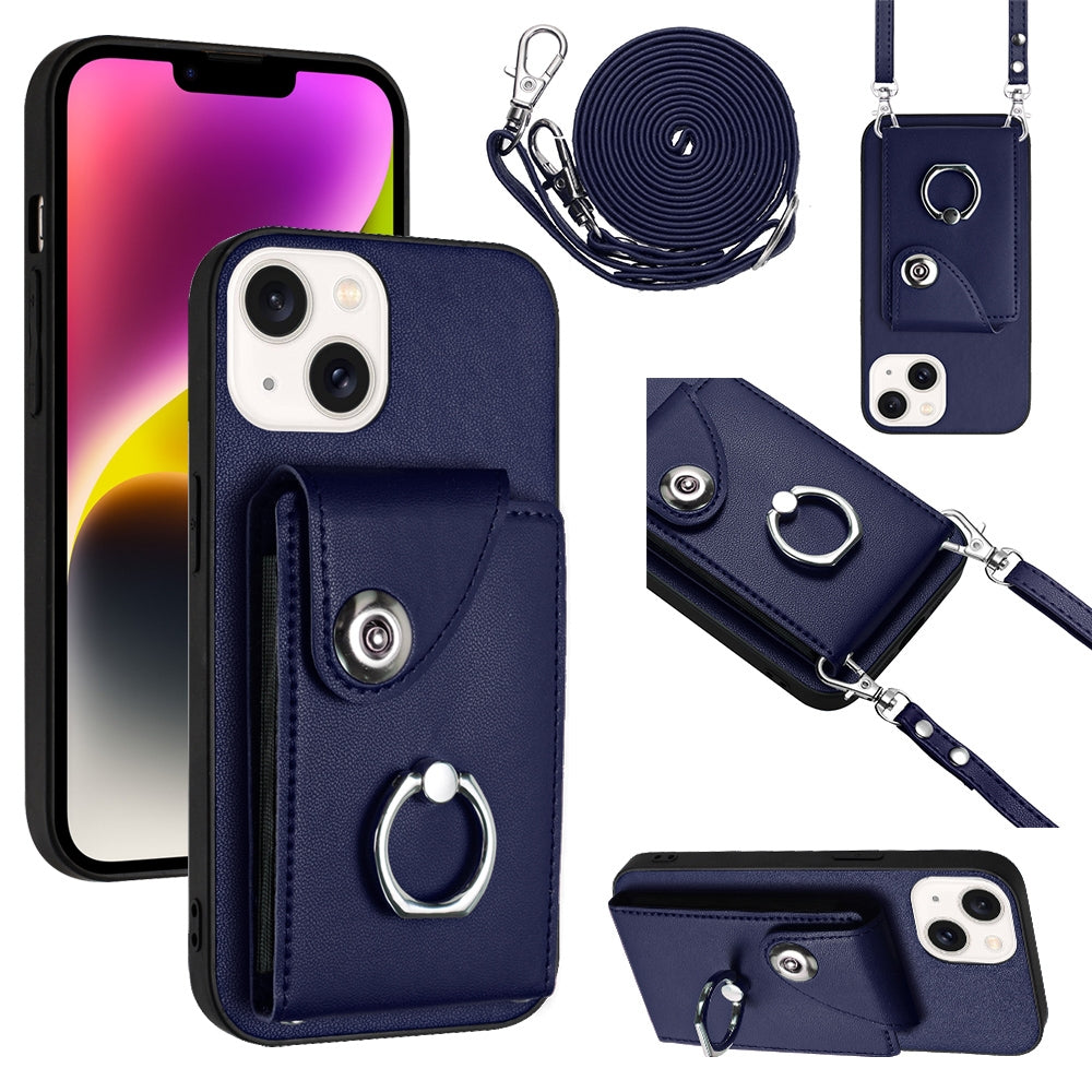 ELECTROPRIME For iPhone 15 Organ Card Bag Ring Holder Phone Case with Long Lanyard(Blue)