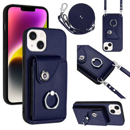 ELECTROPRIME For iPhone 15 Organ Card Bag Ring Holder Phone Case with Long Lanyard(Blue)