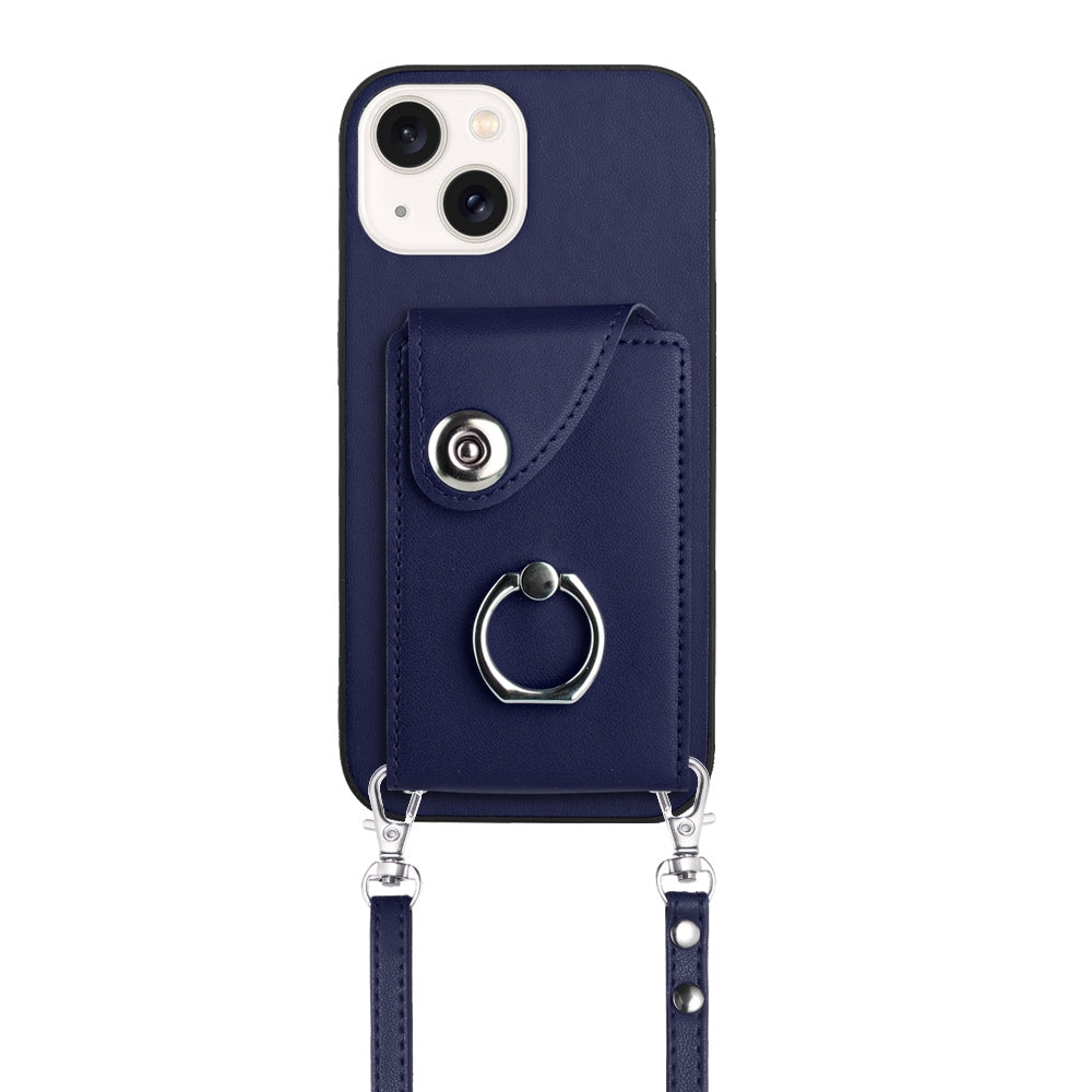 ELECTROPRIME For iPhone 15 Organ Card Bag Ring Holder Phone Case with Long Lanyard(Blue)