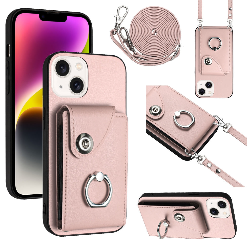 ELECTROPRIME For iPhone 15 Organ Card Bag Ring Holder Phone Case with Long Lanyard(Pink)
