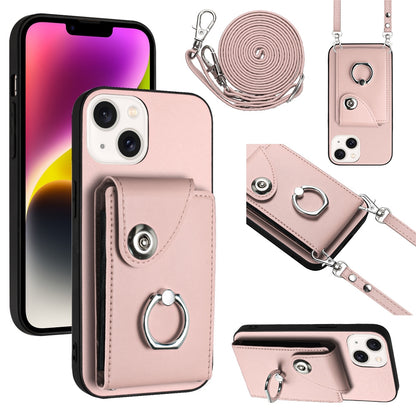 ELECTROPRIME For iPhone 15 Organ Card Bag Ring Holder Phone Case with Long Lanyard(Pink)