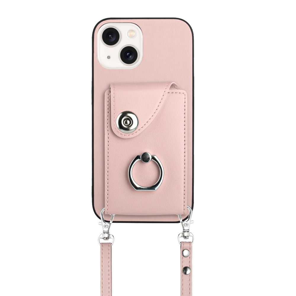 ELECTROPRIME For iPhone 15 Organ Card Bag Ring Holder Phone Case with Long Lanyard(Pink)