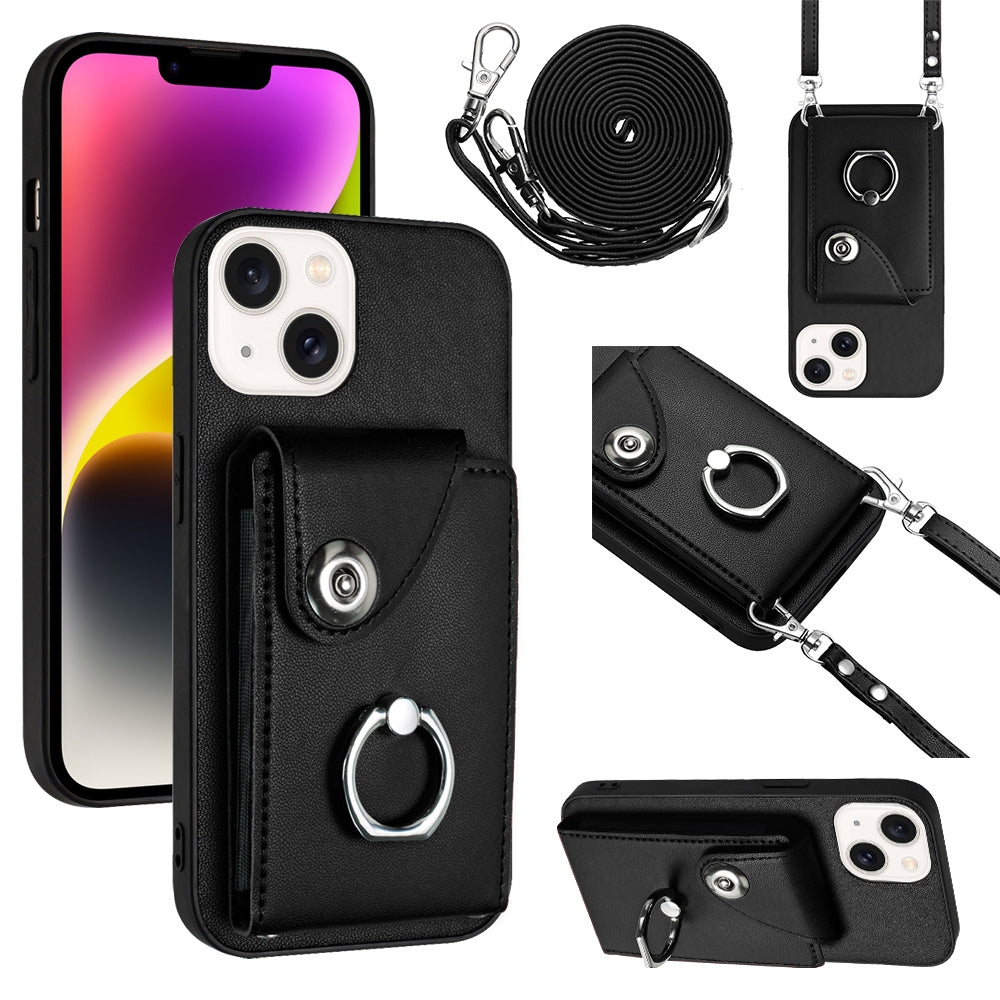 ELECTROPRIME For iPhone 15 Organ Card Bag Ring Holder Phone Case with Long Lanyard(Black)