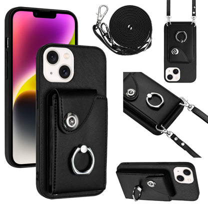 ELECTROPRIME For iPhone 15 Organ Card Bag Ring Holder Phone Case with Long Lanyard(Black)