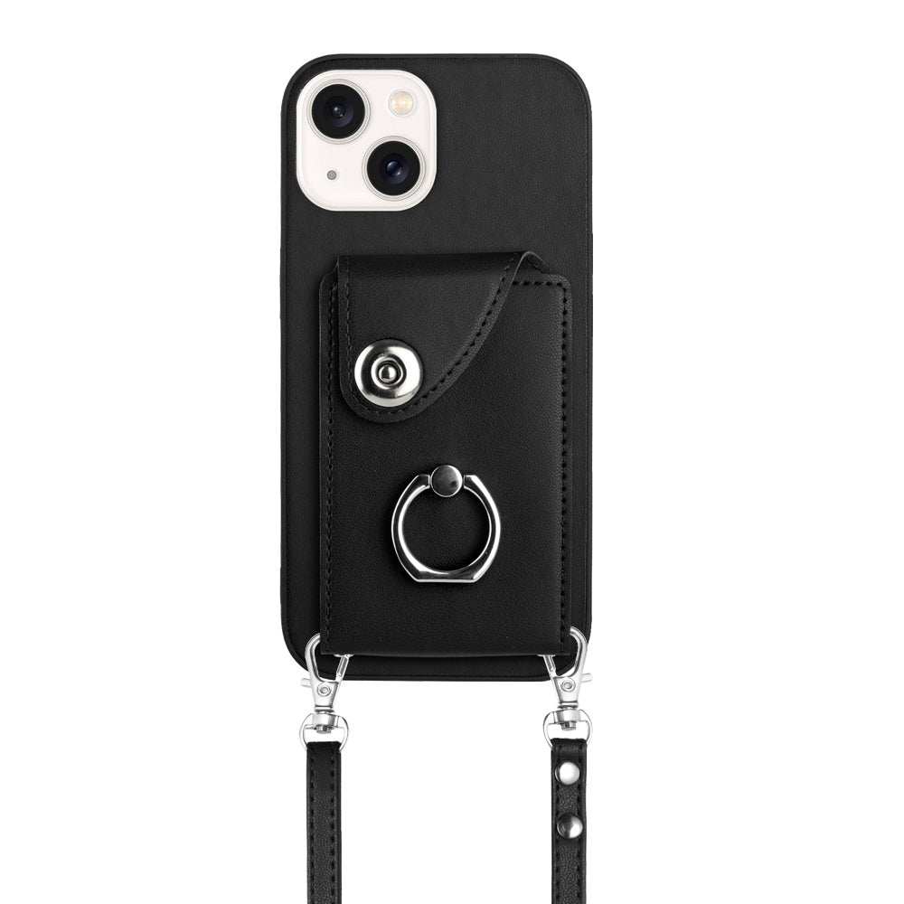 ELECTROPRIME For iPhone 15 Organ Card Bag Ring Holder Phone Case with Long Lanyard(Black)