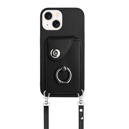 ELECTROPRIME For iPhone 15 Organ Card Bag Ring Holder Phone Case with Long Lanyard(Black)