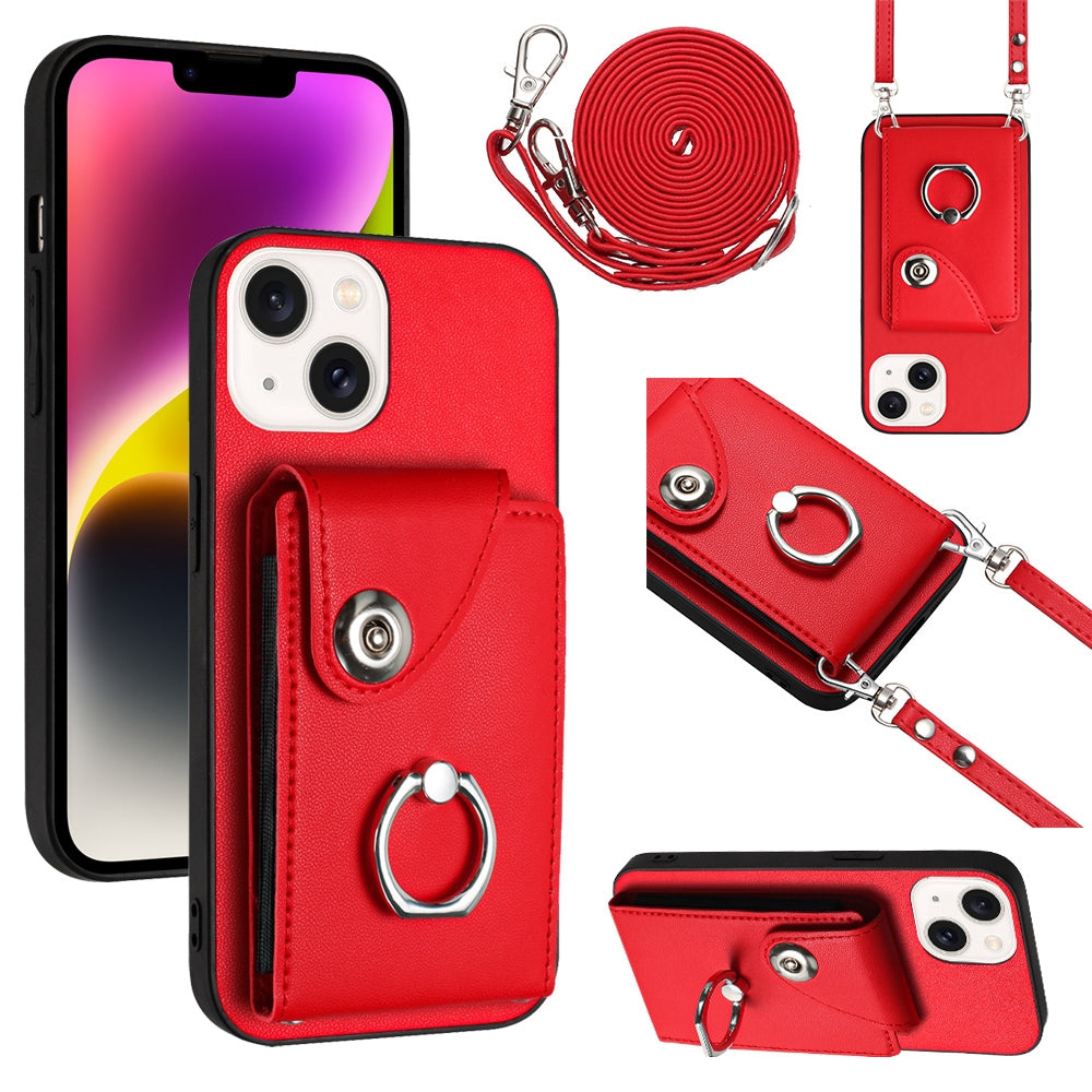 ELECTROPRIME For iPhone 15 Organ Card Bag Ring Holder Phone Case with Long Lanyard(Red)