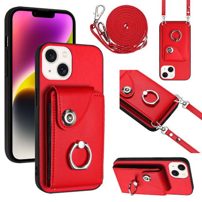 ELECTROPRIME For iPhone 15 Organ Card Bag Ring Holder Phone Case with Long Lanyard(Red)