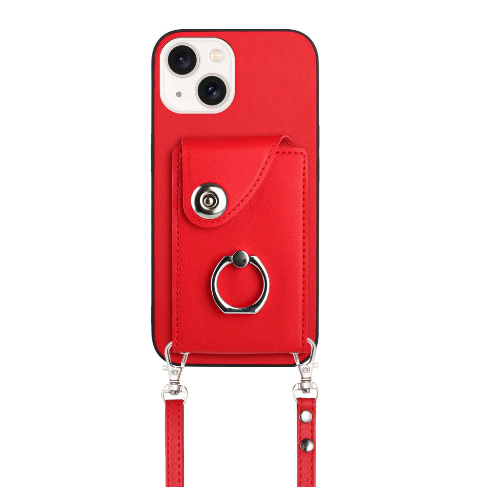 ELECTROPRIME For iPhone 15 Organ Card Bag Ring Holder Phone Case with Long Lanyard(Red)