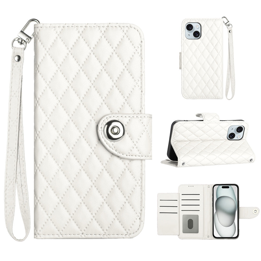 ELECTROPRIME For iPhone 15 Plus Rhombic Texture Flip Leather Phone Case with Lanyard(White)