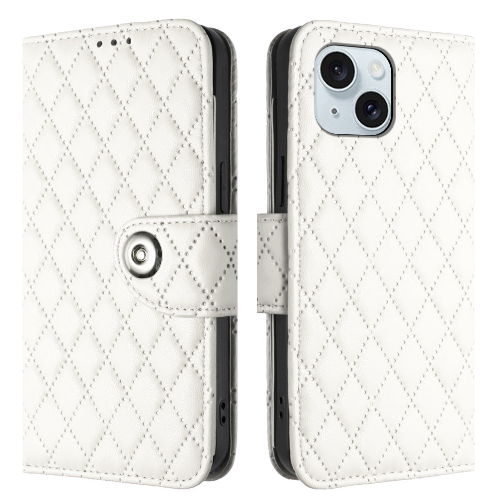 ELECTROPRIME For iPhone 15 Plus Rhombic Texture Flip Leather Phone Case with Lanyard(White)