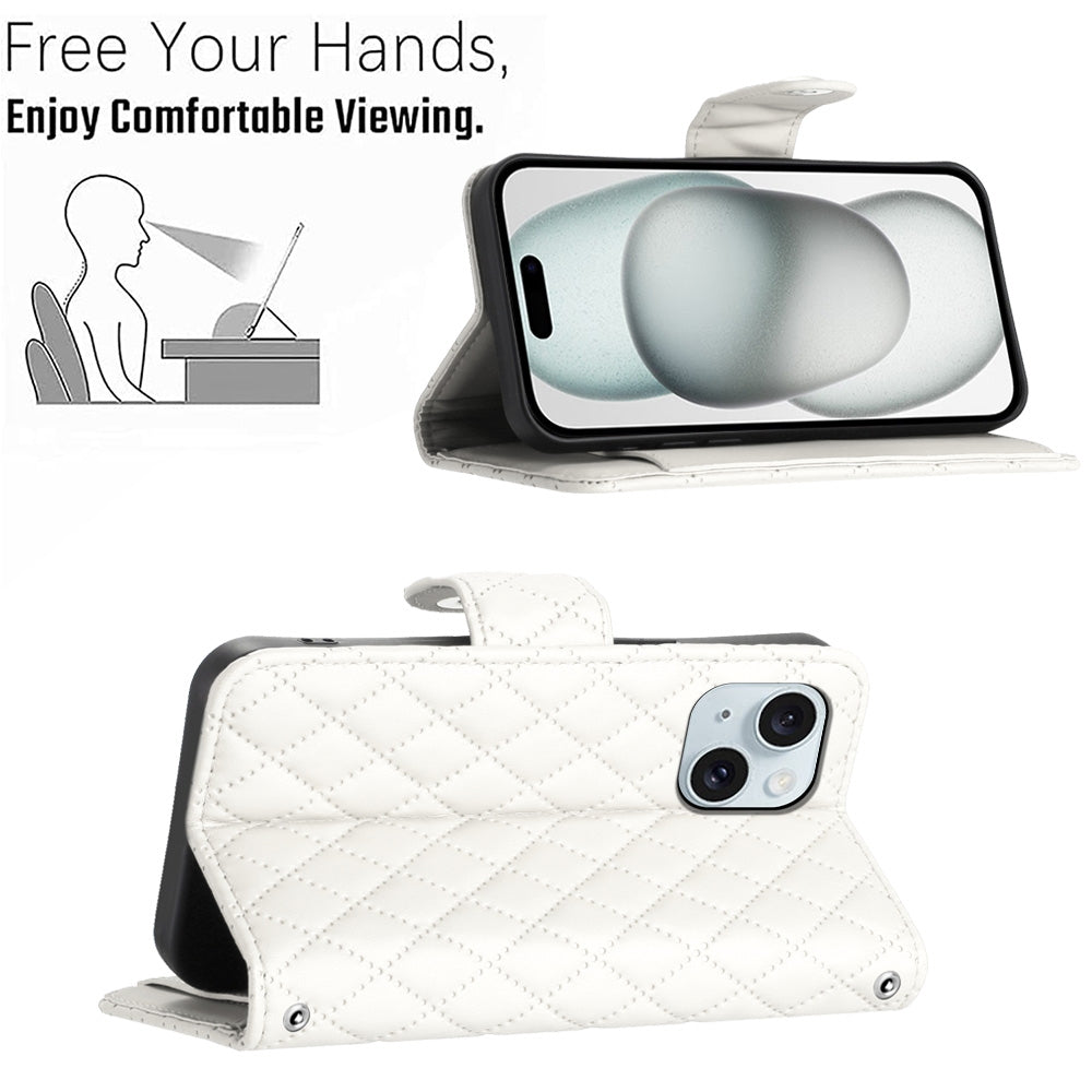 ELECTROPRIME For iPhone 15 Plus Rhombic Texture Flip Leather Phone Case with Lanyard(White)