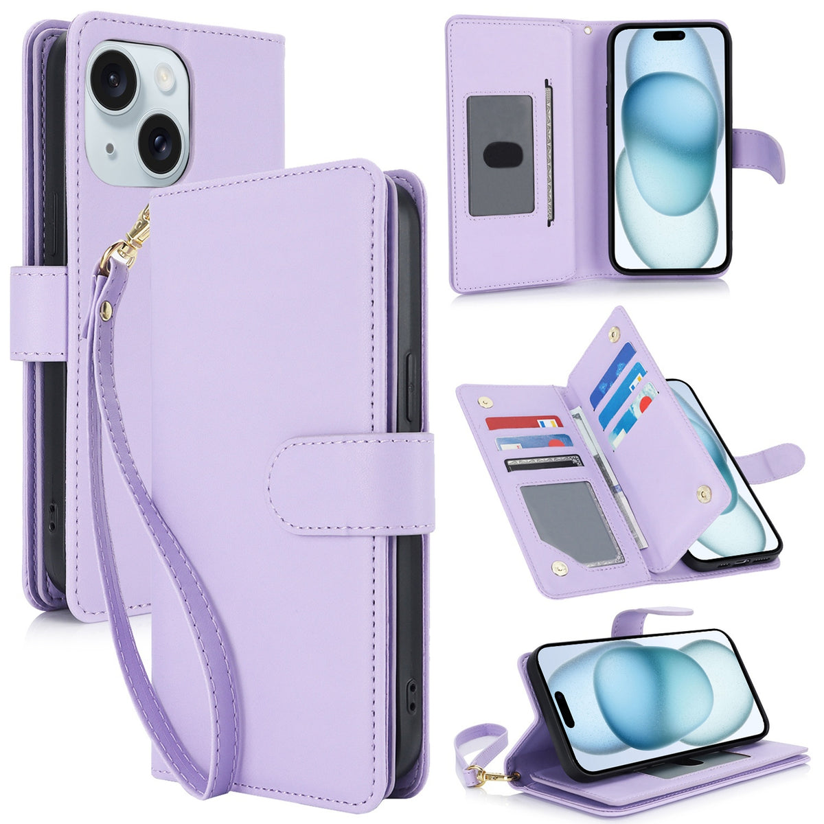 ELECTROPRIME For iPhone 15 Plus Multi-Card Wallet RFID Leather Phone Case(Light Purple)
