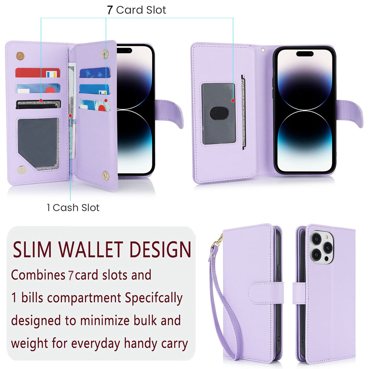 ELECTROPRIME For iPhone 15 Plus Multi-Card Wallet RFID Leather Phone Case(Light Purple)