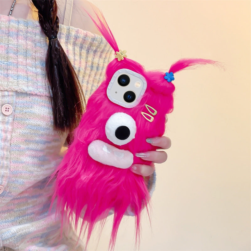 ELECTROPRIME For iPhone 15 Plush Funny Monster TPU Phone Case(Rose Red)
