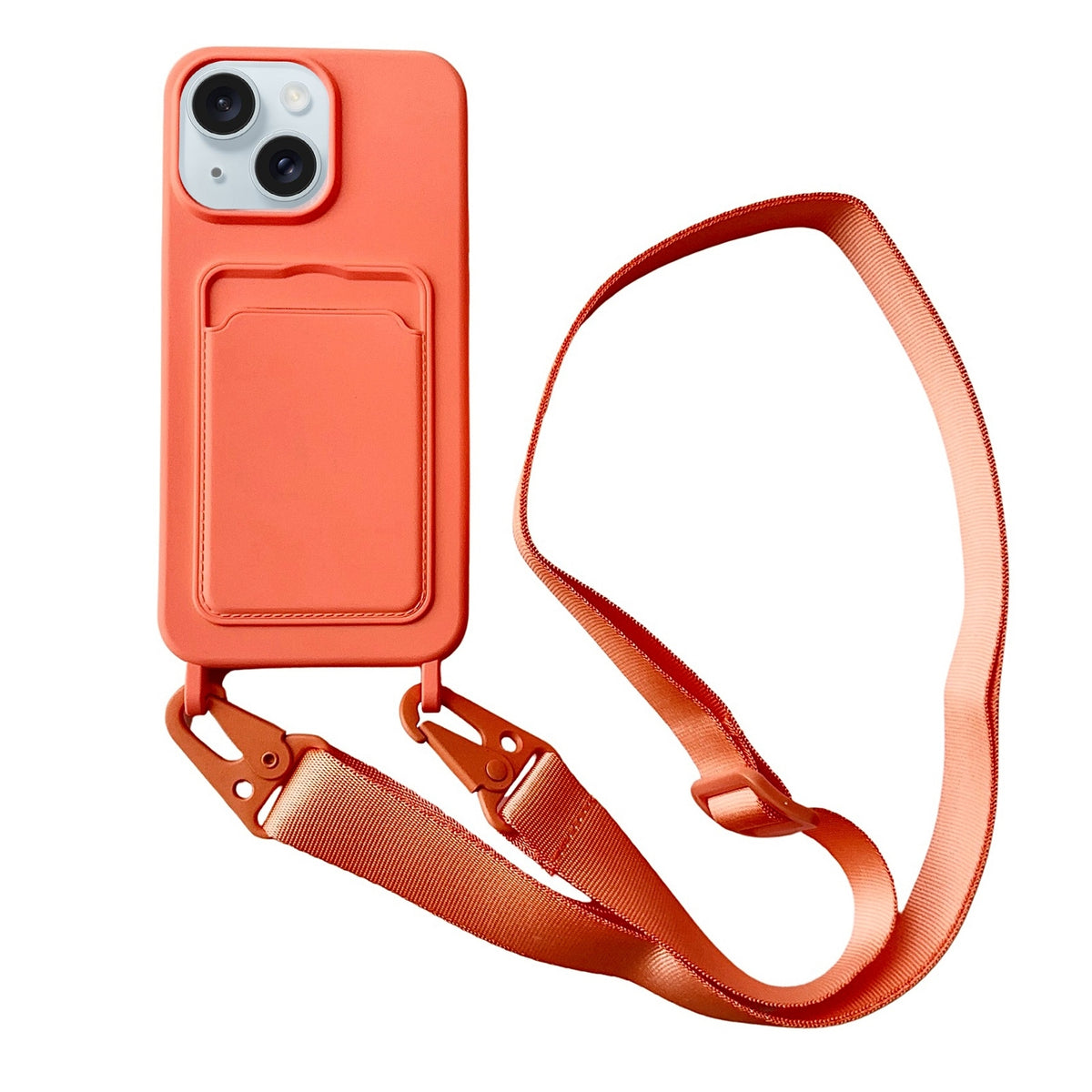 ELECTROPRIME For iPhone 15 Plus Card Slot Liquid Silicone Phone Case with Lanyard(Orange)