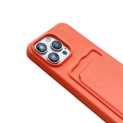 ELECTROPRIME For iPhone 15 Plus Card Slot Liquid Silicone Phone Case with Lanyard(Orange)