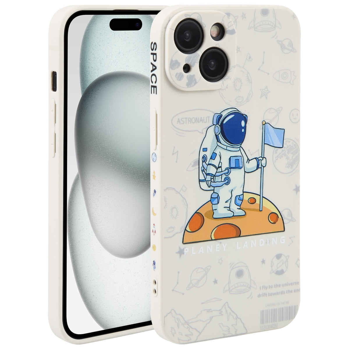 ELECTROPRIME For iPhone 15 Plus Astronaut Pattern Silicone Straight Edge Phone Case(Planet Landing-White)