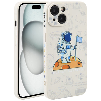 ELECTROPRIME For iPhone 15 Plus Astronaut Pattern Silicone Straight Edge Phone Case(Planet Landing-White)