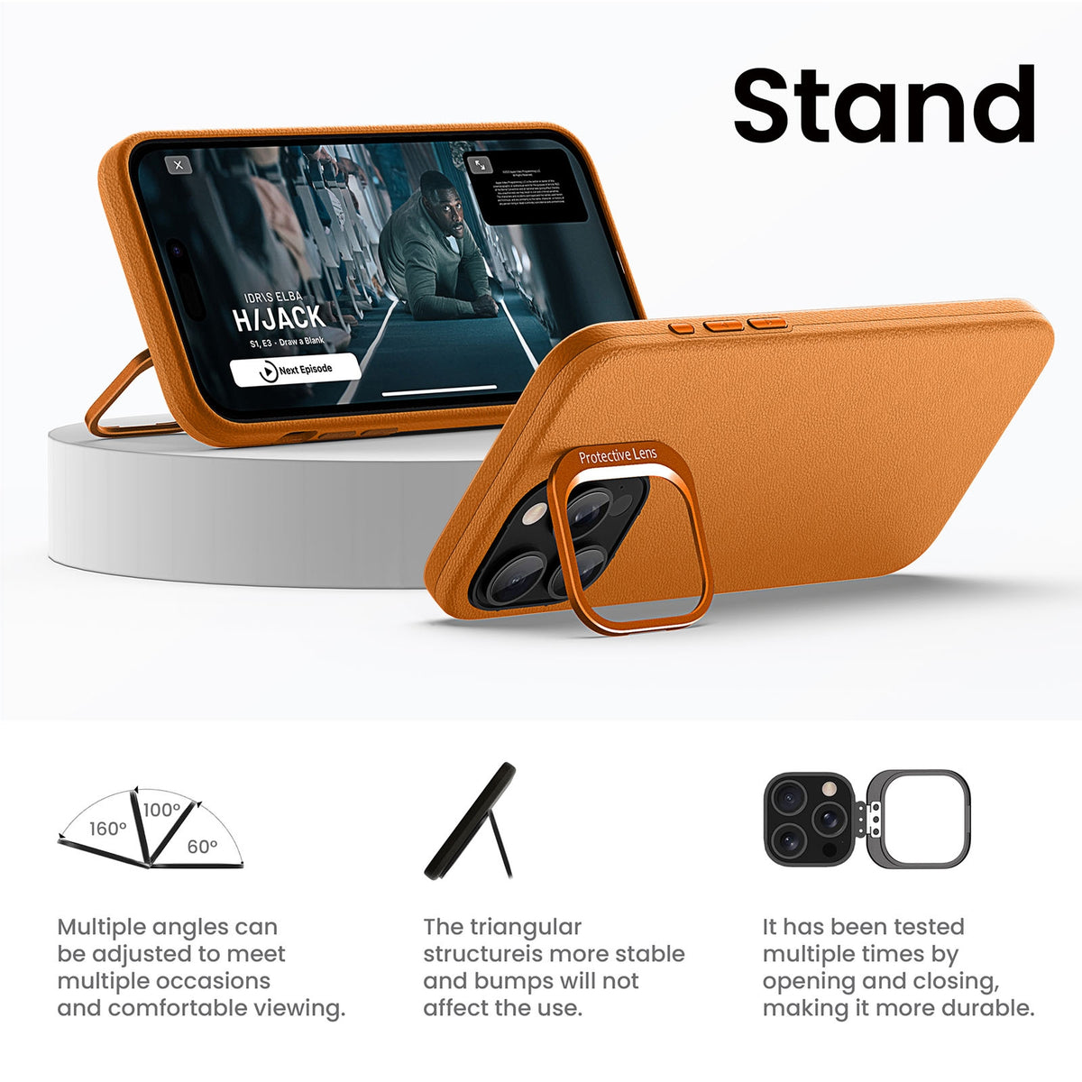 ELECTROPRIME For iPhone 15 PC Hybrid TPU Holder Plain Leather Phone Case(Orange)