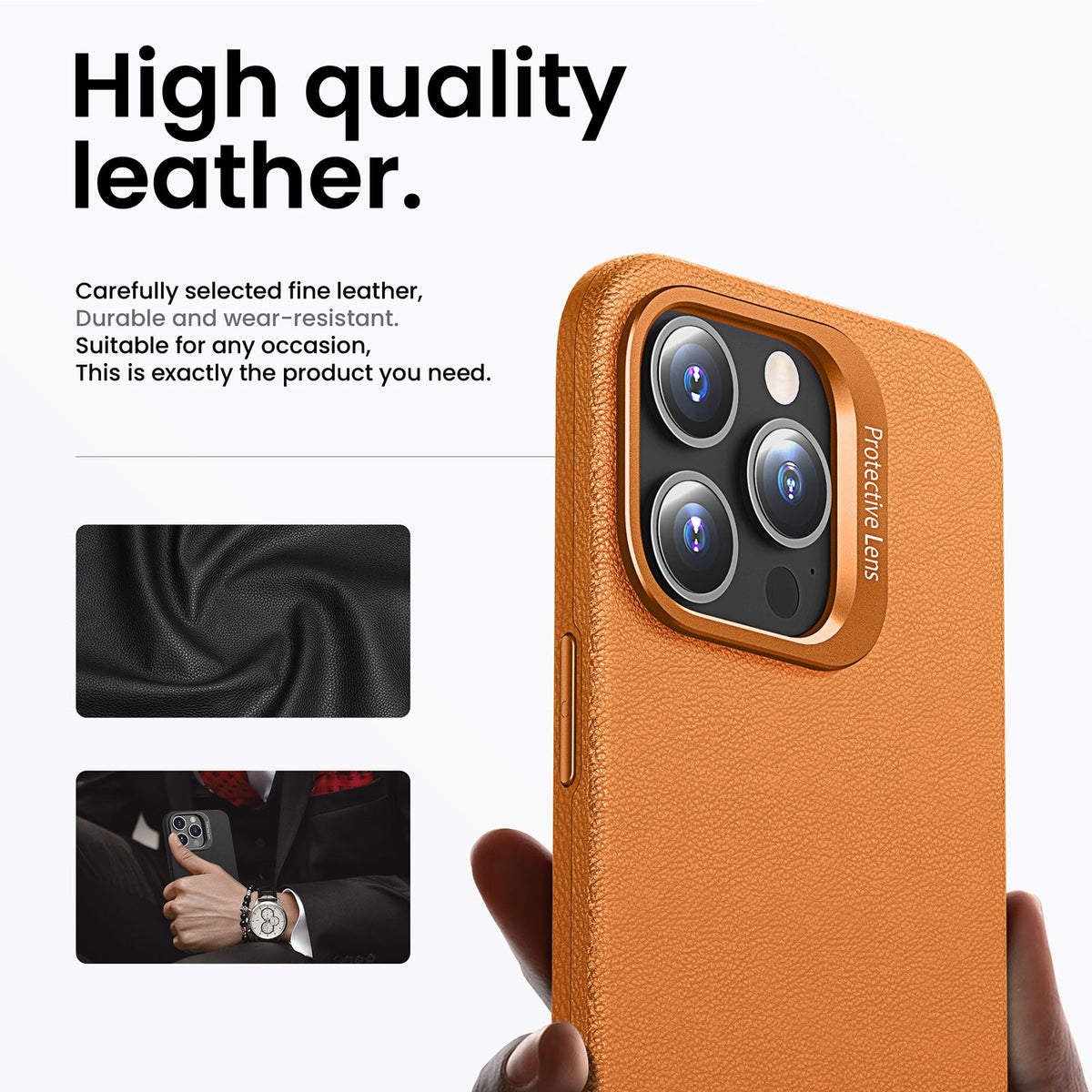 ELECTROPRIME For iPhone 15 PC Hybrid TPU Holder Plain Leather Phone Case(Orange)