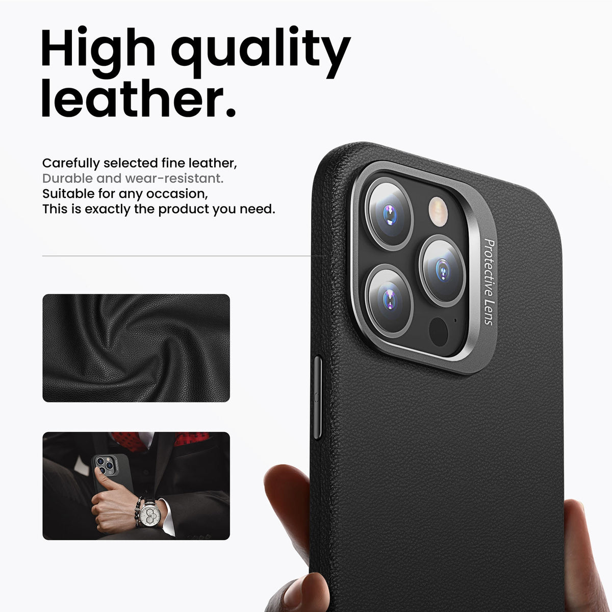 ELECTROPRIME For iPhone 15 PC Hybrid TPU Holder Plain Leather Phone Case(Black)