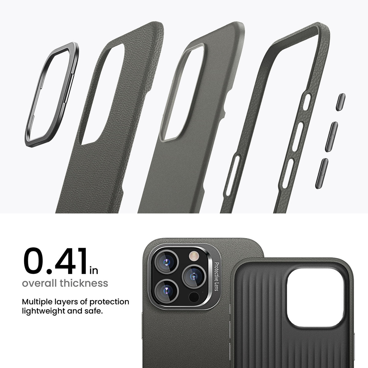 ELECTROPRIME For iPhone 15 PC Hybrid TPU Holder Plain Leather Phone Case(Grey)