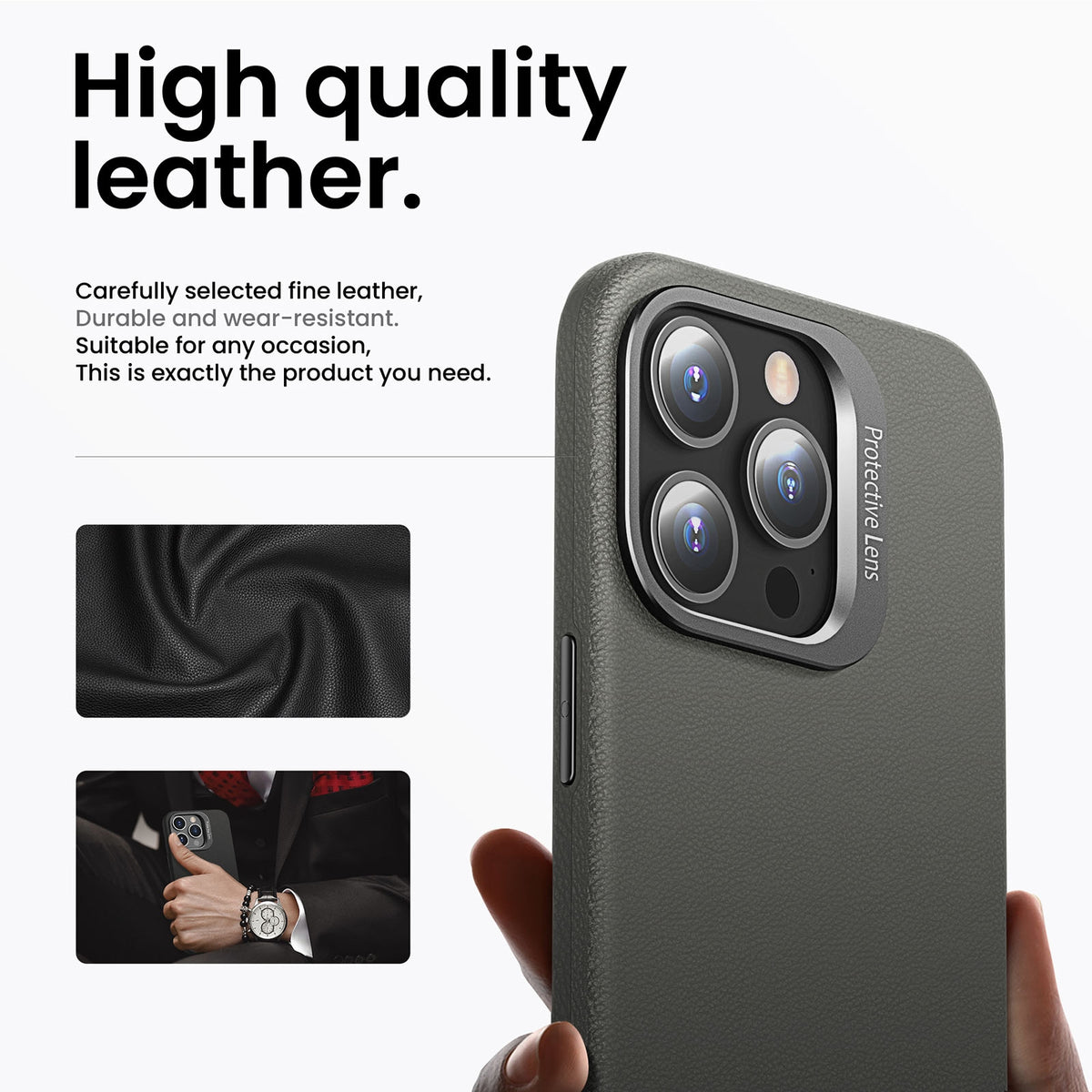 ELECTROPRIME For iPhone 15 PC Hybrid TPU Holder Plain Leather Phone Case(Grey)