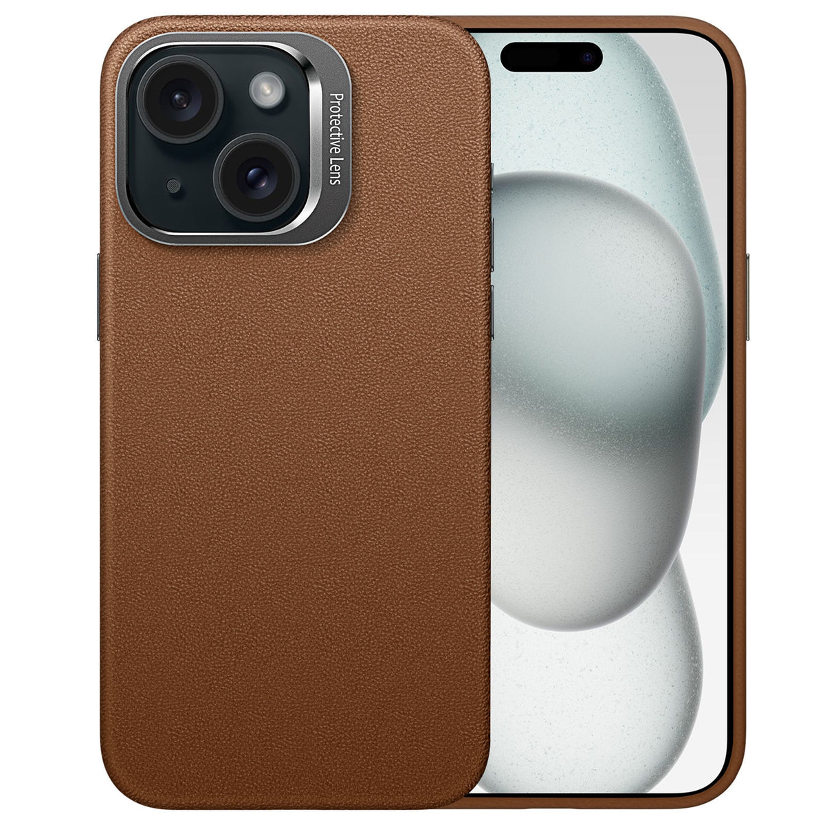 ELECTROPRIME For iPhone 15 PC Hybrid TPU Holder Plain Leather Phone Case(Brown)