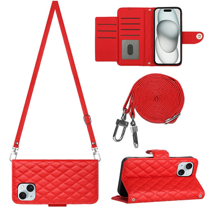 ELECTROPRIME For iPhone 15 Rhombic Texture Flip Leather Phone Case with Long Lanyard(Red)