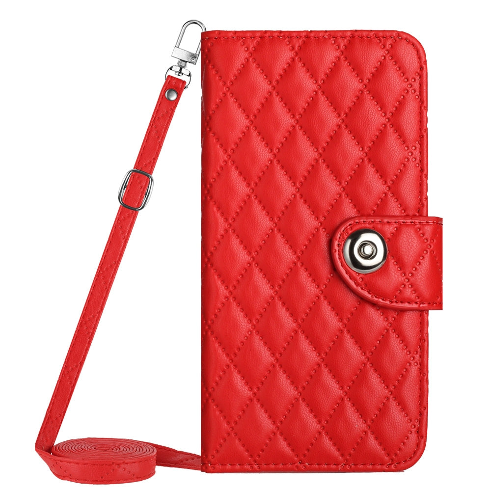 ELECTROPRIME For iPhone 15 Rhombic Texture Flip Leather Phone Case with Long Lanyard(Red)