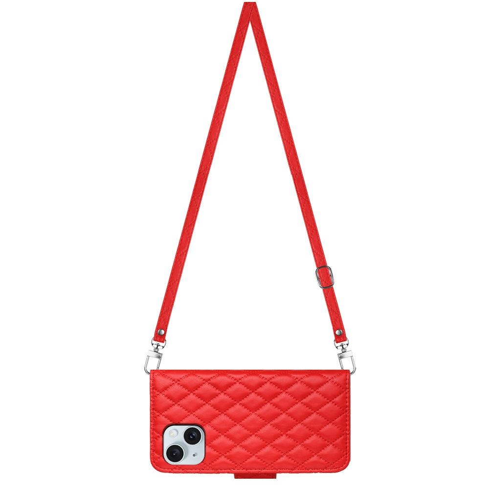 ELECTROPRIME For iPhone 15 Rhombic Texture Flip Leather Phone Case with Long Lanyard(Red)