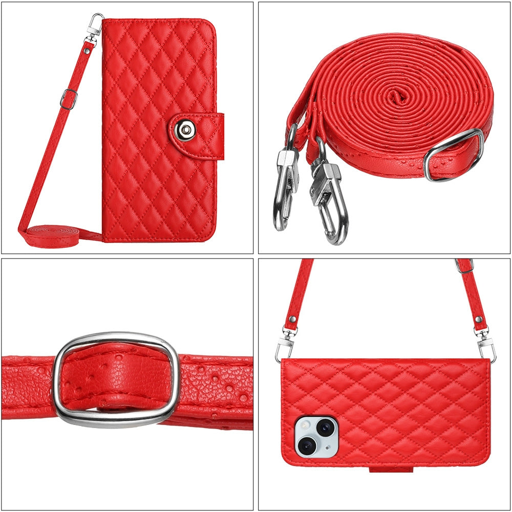 ELECTROPRIME For iPhone 15 Rhombic Texture Flip Leather Phone Case with Long Lanyard(Red)