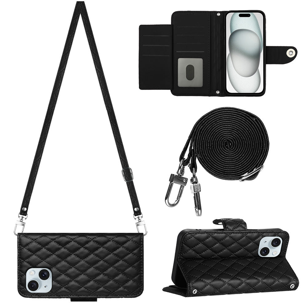 ELECTROPRIME For iPhone 15 Rhombic Texture Flip Leather Phone Case with Long Lanyard(Black)