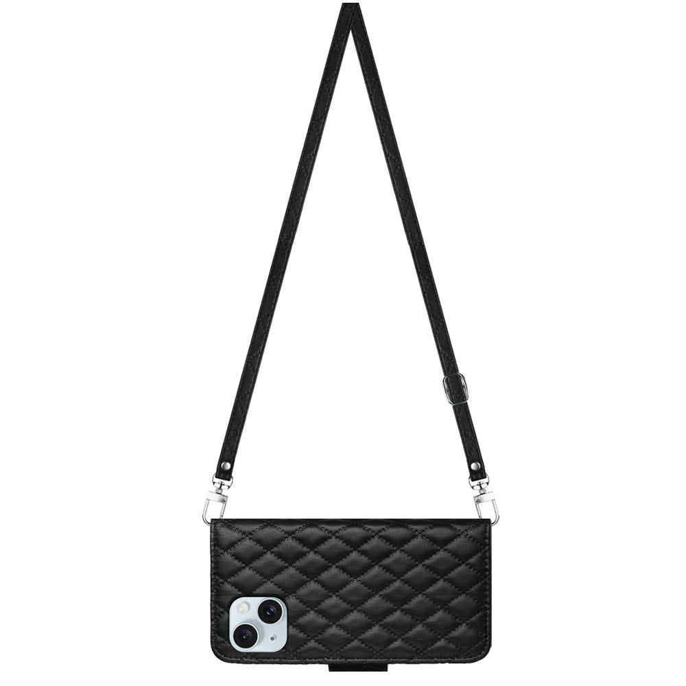 ELECTROPRIME For iPhone 15 Rhombic Texture Flip Leather Phone Case with Long Lanyard(Black)