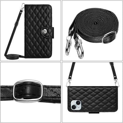 ELECTROPRIME For iPhone 15 Rhombic Texture Flip Leather Phone Case with Long Lanyard(Black)